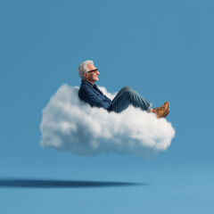 Photorealistic portrait of an elderly man sitting on a cloud, against an isolated blue background, with a happy expression and warm colors. full-body shot, in the style of advertising photography.

