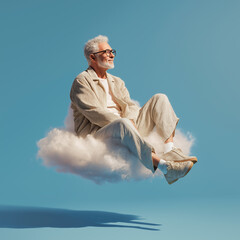 Photorealistic portrait of an elderly man sitting on a cloud, against an isolated blue background, with a happy expression and warm colors. full-body shot, in the style of advertising photography.

