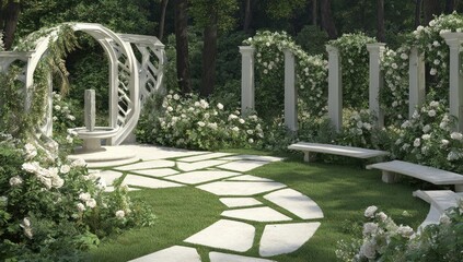 Serene garden scene white stone paths, arches, greenery