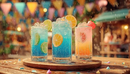 Colorful drinks with citrus, ice, and confetti in bright scene