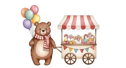 Cute bear with balloons and candy cart illustration for kids birthday party invitation design template