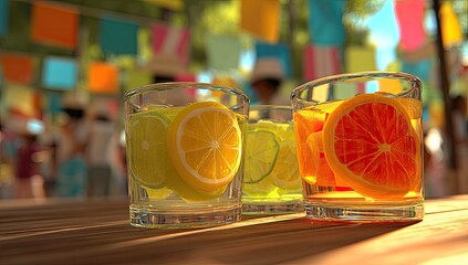 Citrus-filled glasses, sunlight on wood, festive blurred scene