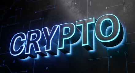 Crypto word glowing on dark circuit board