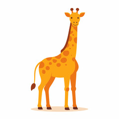 A cute cartoon illustration of a giraffe with a long neck and orange fur with brown spots standing on a white background.