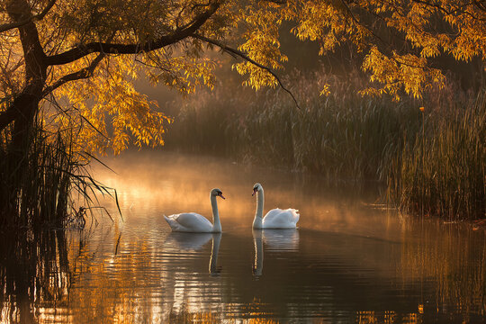 In the early morning, two swans swim on the lake in front of reeds and trees with golden autumn leaves, creating a misty atmosphere
- Powered by Adobe