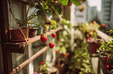 Balcony garden strawberries & potted plants on shelves