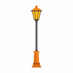 A classic orange and yellow street lamp with a tall dark pole.