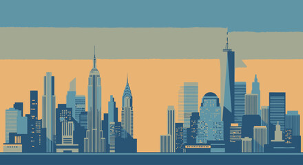 Fototapeta premium New York City Skyline Vector Illustration with a Vintage Color Palette. Perfect for travel brochures, urban design projects, and showcasing iconic American architecture.