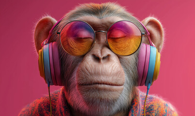 Portrait of a monkey wearing colorful rainbow sunglasses and headphones on a pink background