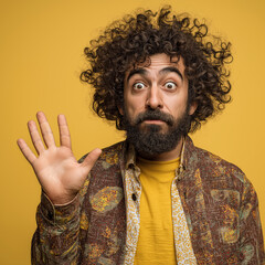 Photo of curly man with beard holding his hand up, confused look on face