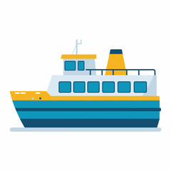 Obraz premium A cartoon illustration of a blue and yellow ferry boat with windows and a smokestack.