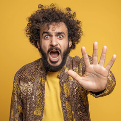 Photo of curly man with beard holding his hand up, confused look on face