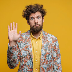 Photo of curly man with beard holding his hand up, confused look on face