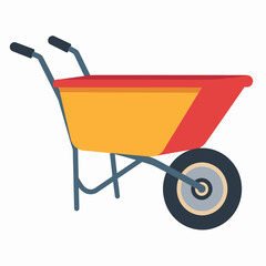 A vibrant illustration of a wheelbarrow, featuring a red and yellow container, ready for use.