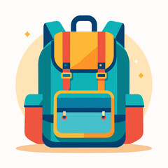 A vibrant and colorful flat design illustration of a backpack, featuring teal, orange, and yellow accents, ideal for travel or school.