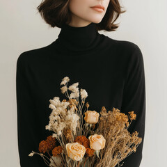 A woman in a black turtleneck holding dried flowers and roses, a bouquet of dried wildflowers, in beige and white tones
