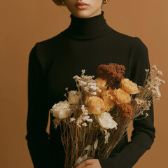 A woman in a black turtleneck holding dried flowers and roses, a bouquet of dried wildflowers, in beige and white tones