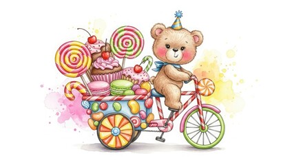 Adorable teddy bear on bicycle with lollipops cupcakes and macarons for sweet birthday party invitation
