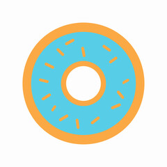 A simple, flat illustration of a blue frosted donut with orange icing.