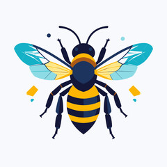 Stylized illustration of a bee with yellow and black stripes, blue wings, and antennae on a white background, depicted in a modern graphic style.