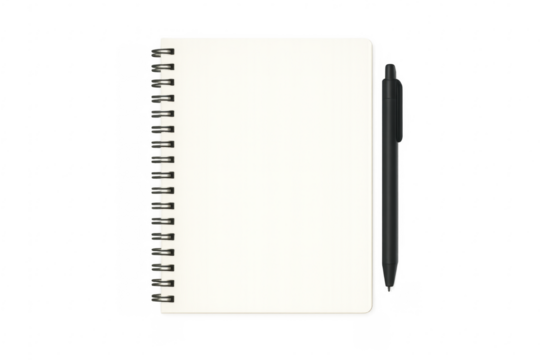 Blank spiral notebook with pen, top view, transparent background