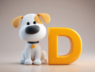 Cute dog with bright yellow letter D, playful expression, cartoon style, soft textures, friendly appearance, adorable character