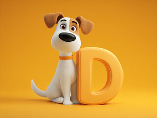 Cute dog with letter D, bright colors, playful expression, cartoon style, cheerful background, friendly pet