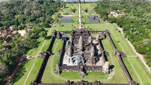 Aerial view of Angkor Wat. Ancient Hindu-Buddhist temple in Cambodia. The best example of Khmer architecture.