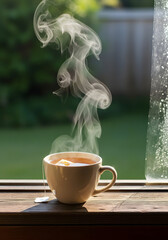 A steaming cup of tea sits on a wooden surface near a window with a green background outside view