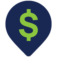 Obraz premium A green dollar sign sits inside a blue location pin, signifying the location of economic activity or the investment in an area. This eye-catching icon can be used to illustrate finance, investment