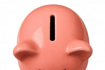 Pink ceramic piggy bank sitting on a transparent background, representing concepts like savings, finance, and investment