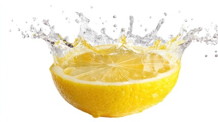 Half of a lemon, with a splash of water, against a white background.