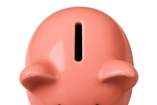 Pink ceramic piggy bank sitting on a transparent background, representing concepts like savings, finance, and investment