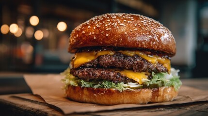 A juicy burger with sesame seeds on a sesame seed bun, topped with melted cheese, lettuce, and tomato, placed on a wooden table with a brown paper napkin.