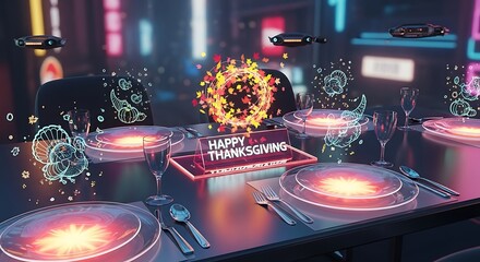 Futuristic thanksgiving dinner table setting with neon lights and flying drones in a modern city