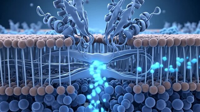 High-Resolution Digital Illustration of a Dynamic Cell Membrane with Receptor-Ligand Interaction, Representing Biological Processes of Cell Communication, Signaling, and Molecular Biology for