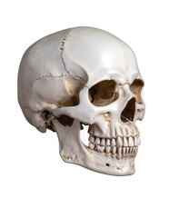 Obraz premium A detailed human skull, devoid of teeth, showcasing intricate bone structure, with visible sutures and natural wear, set against a neutral background.