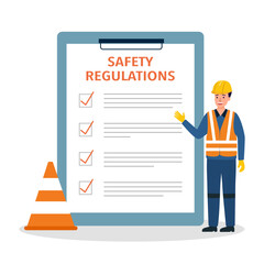 Safety regulations. Construction worker with safety helmet and checklist.