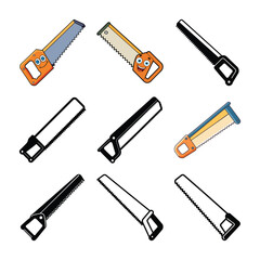 Cartoon Saws and Silhouettes of Saws on White Background Keywords: saw, hand saw, carpenter, woodworking