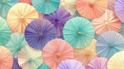A vibrant collection of colorful paper parasols, each with a unique hue, arranged in a seemingly random yet aesthetically pleasing manner.