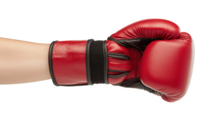 Closeup of a red boxing glove isolated on transparent background, showcasing its leather texture, black wrist strap, and the fist ready for action in the ring