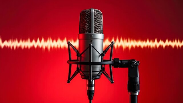 Studio condenser microphone on stand with glowing sound wave on vibrant red background, focus on audio production