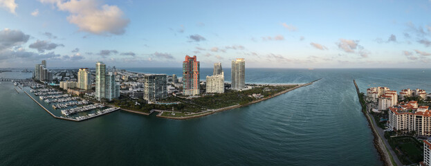 Panoramic view of Miami skyline. Panoramic cityscape of Miami with coastal skyscrapers. Panoramic...