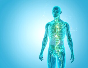 A male skeleton stands upright, showcasing a detailed structure with highlighted organs like the heart, lungs, and liver, emphasizing anatomical features.