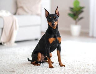 Portrait of a sleek, short-haired dog with black and tan markings indoors on a fluffy white rug