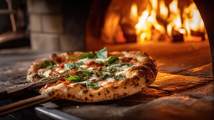 A freshly baked pizza with melted cheese, tomato sauce, and fresh basil leaves, placed on a wooden peel in front of a wood-fired oven with flames in the background.