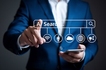 AI Search Engine Technology Concept. A person interacts with search bar AI Search, representing artificial intelligence, chatbot, data cloud, global connectivity, and future search engine innovation.