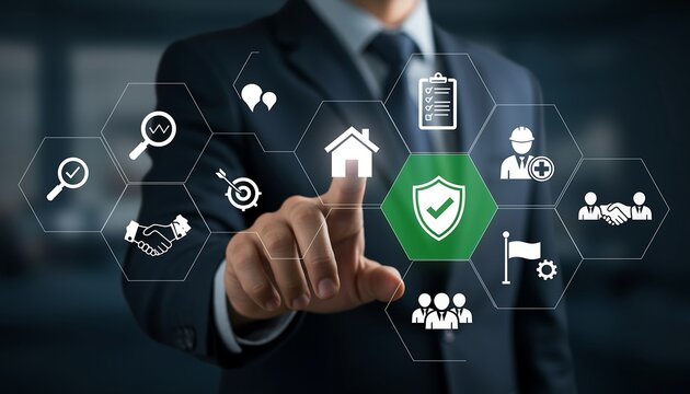 Businessman Touching Digital Screen Interface Representing Insurance and Protection Services