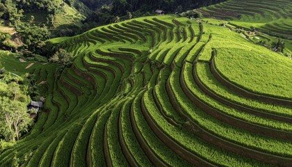 Aerial View of Vibrant Green Curving Rice Terraces in Steep Mountainous Landscape