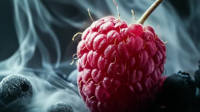 Vibrant macro shot of a single raspberry with blueberries and smoke